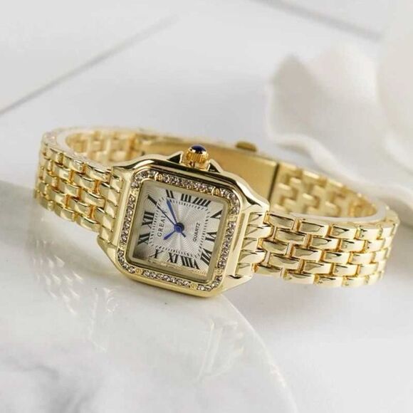Luxury Gold Plated Zircon Square Quartz Watch - Picture 1 of 11